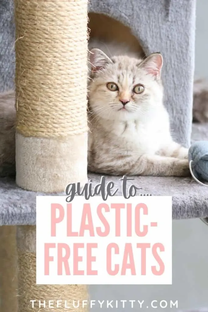 cat laying on cat tree, text overlay of plastic free cats